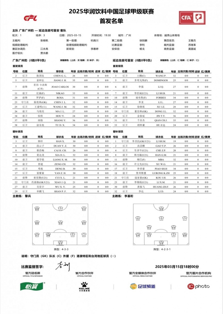  廣州豹vs延邊龍鼎首發(fā)：卡洛斯、羅薩、尼康三外援領(lǐng)銜廣州豹