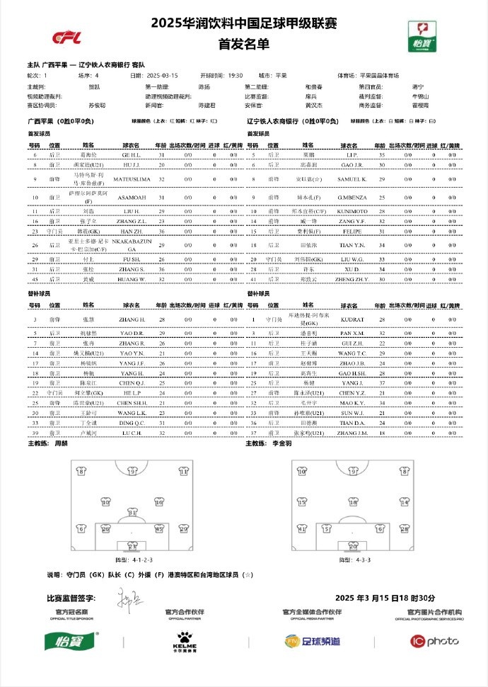  中甲-廣西平果vs遼寧鐵人首發(fā)：三外援對決三外援，安以恩出戰