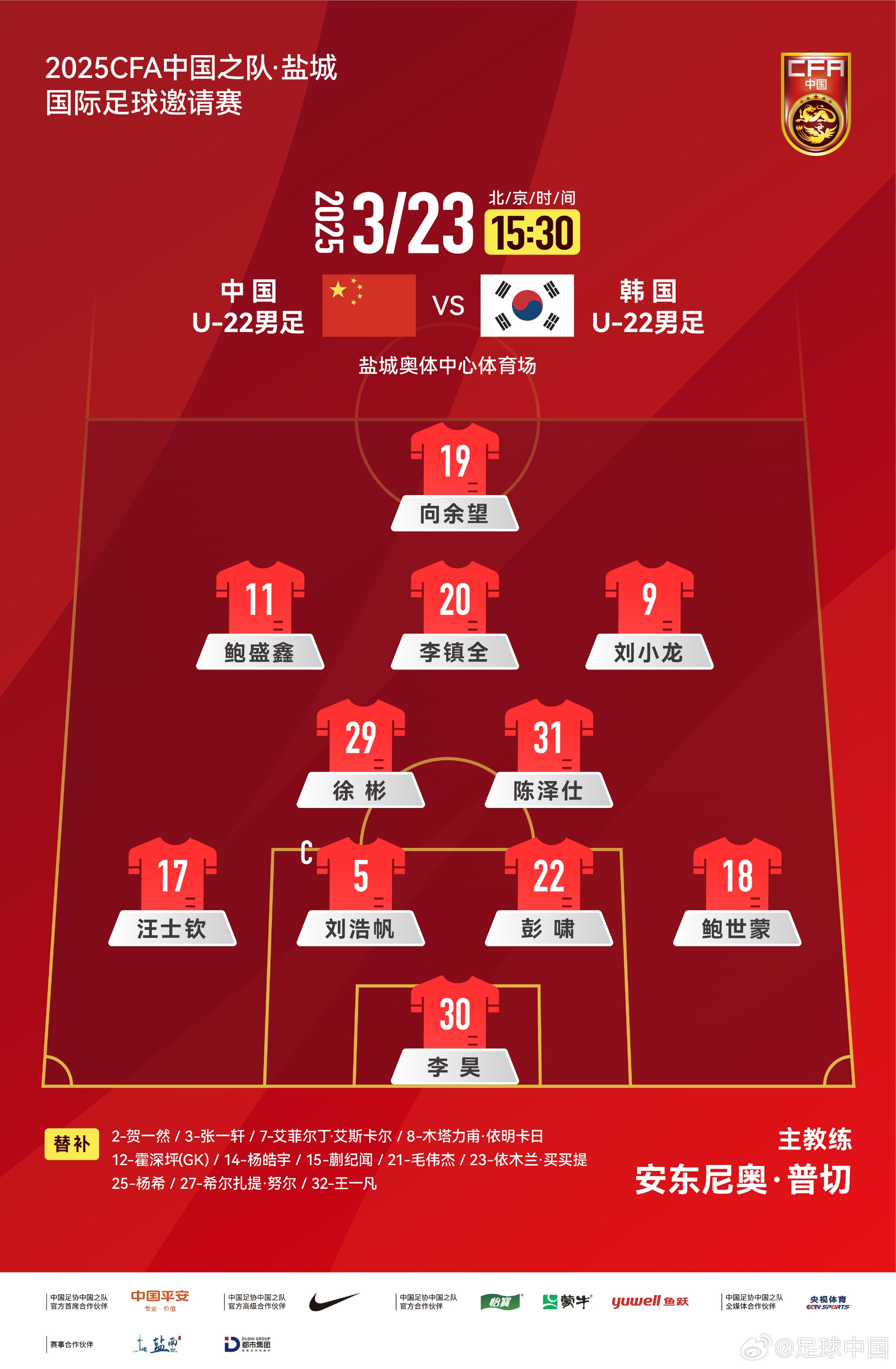 鹽城四國賽,中國U-22男足對陣韓國U-22男足,中國隊首發(fā)陣容